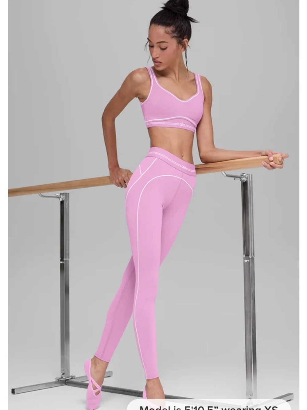 ALO Yoga Pink Seamless Bralette & Leggings Set with White Piping